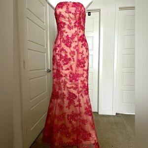 Pink Plush Lined Embroidered Maxi Fishtail Floral Lace Formal Dress Size XS